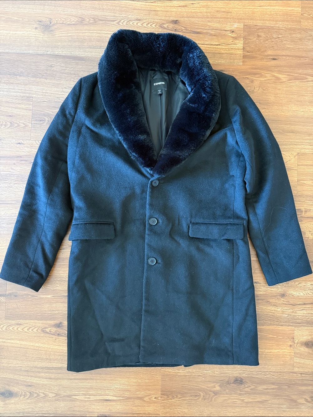 Express Black Wool Pea Coat with Faux Fur Removable Shawl Collar - L